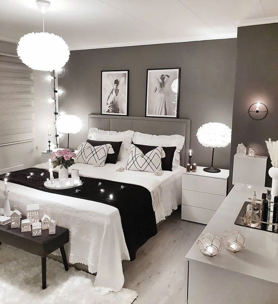 17. Elegant Black and White Bedroom with Ambient Lighting - black and white bedroom ideas
