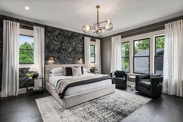 19. Contemporary Black and White Bedroom with Dark Feature Wall - black and white bedroom ideas