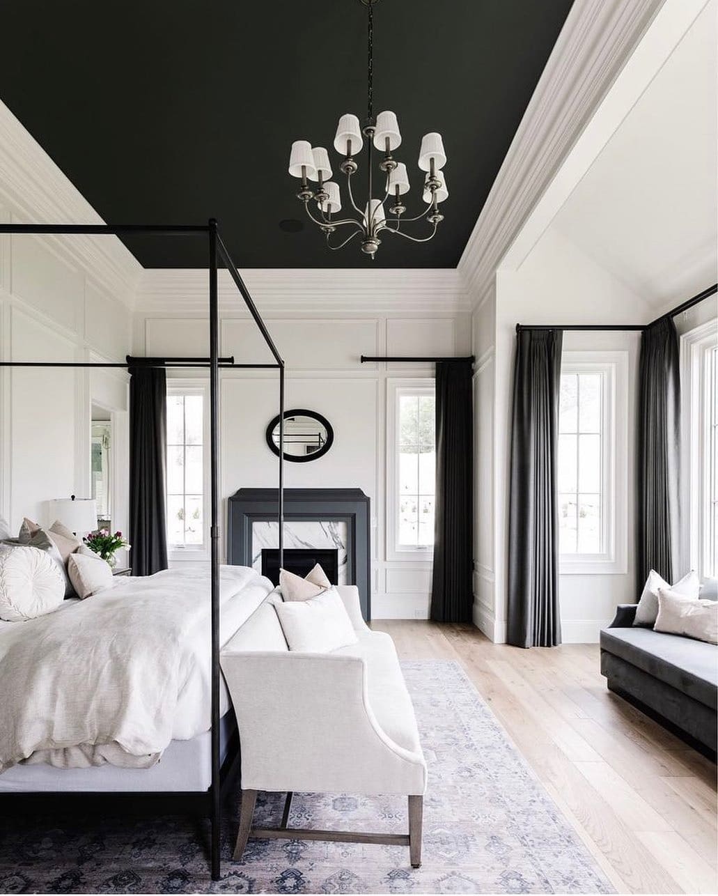 21. Sophisticated Black and White Bedroom with Statement Ceiling - black and white bedroom ideas