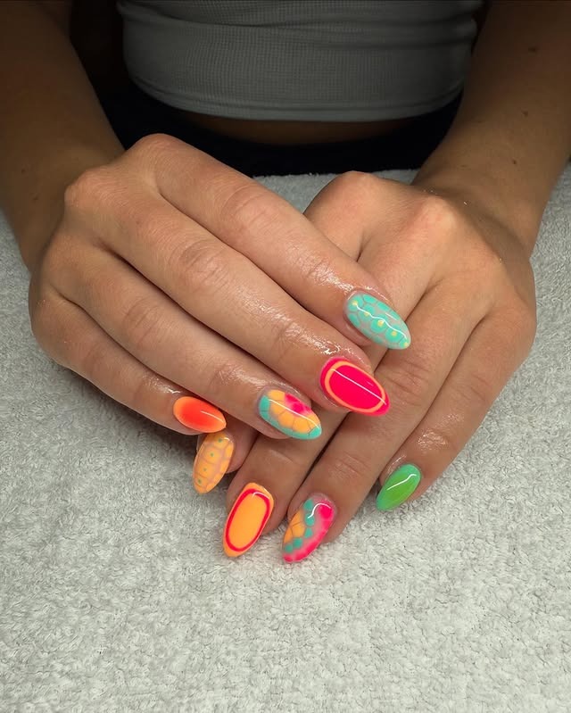4. Neon Tropical Almond Nails - mexico nail ideas