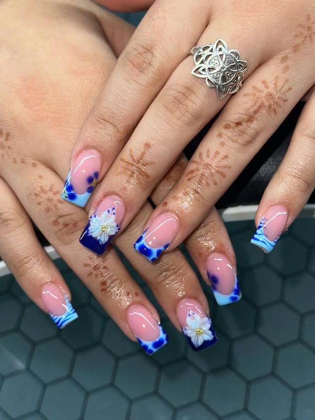 5. Blue French Floral Square Nails - mexico nail ideas