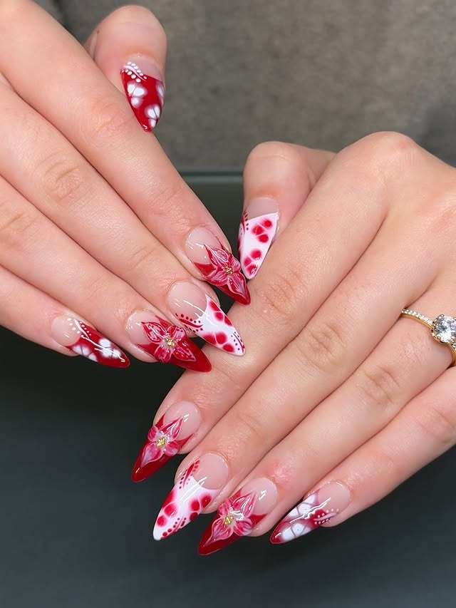 6. Red Floral Stiletto Nails - mexico nail ideas