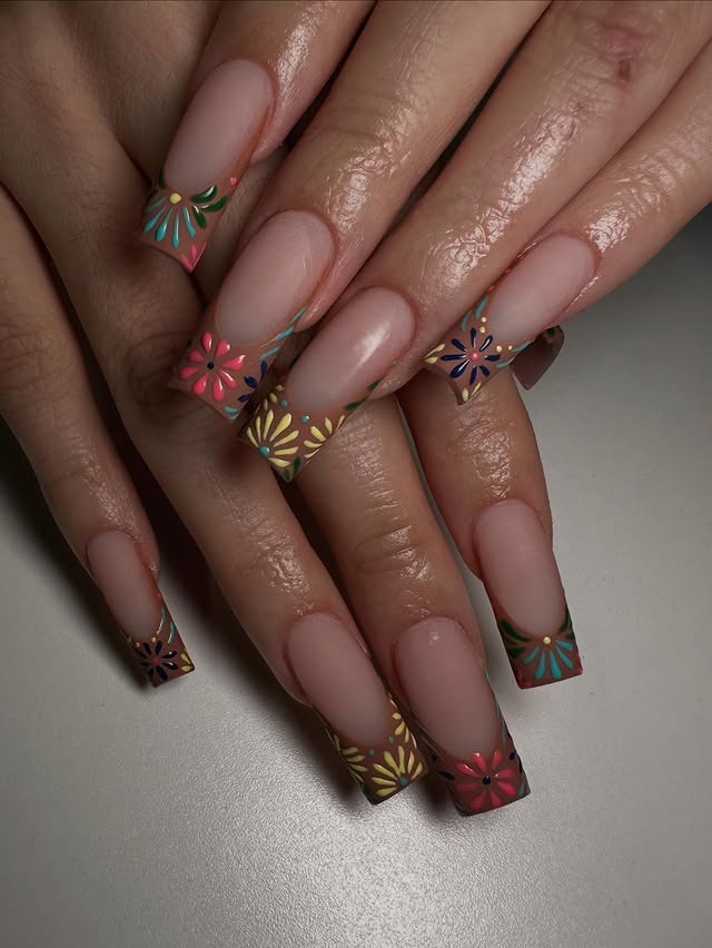 7. Neutral Floral French Tip Coffin Nails - mexico nail ideas