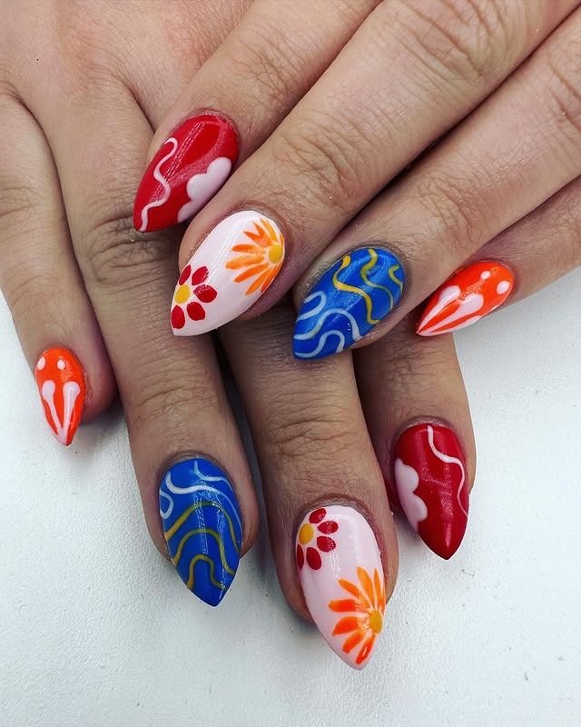 8. Primary Color Abstract Almond Nails - mexico nail ideas