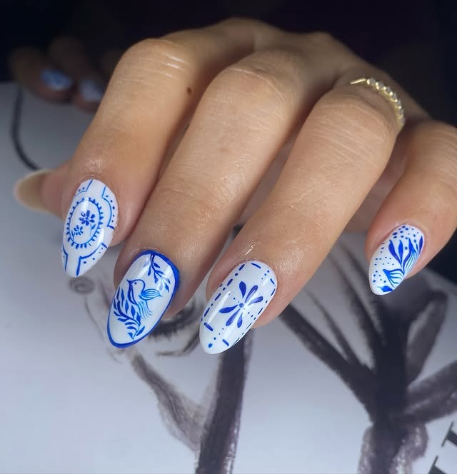 10. Blue and White Folk Art Almond Nails - mexico nail ideas