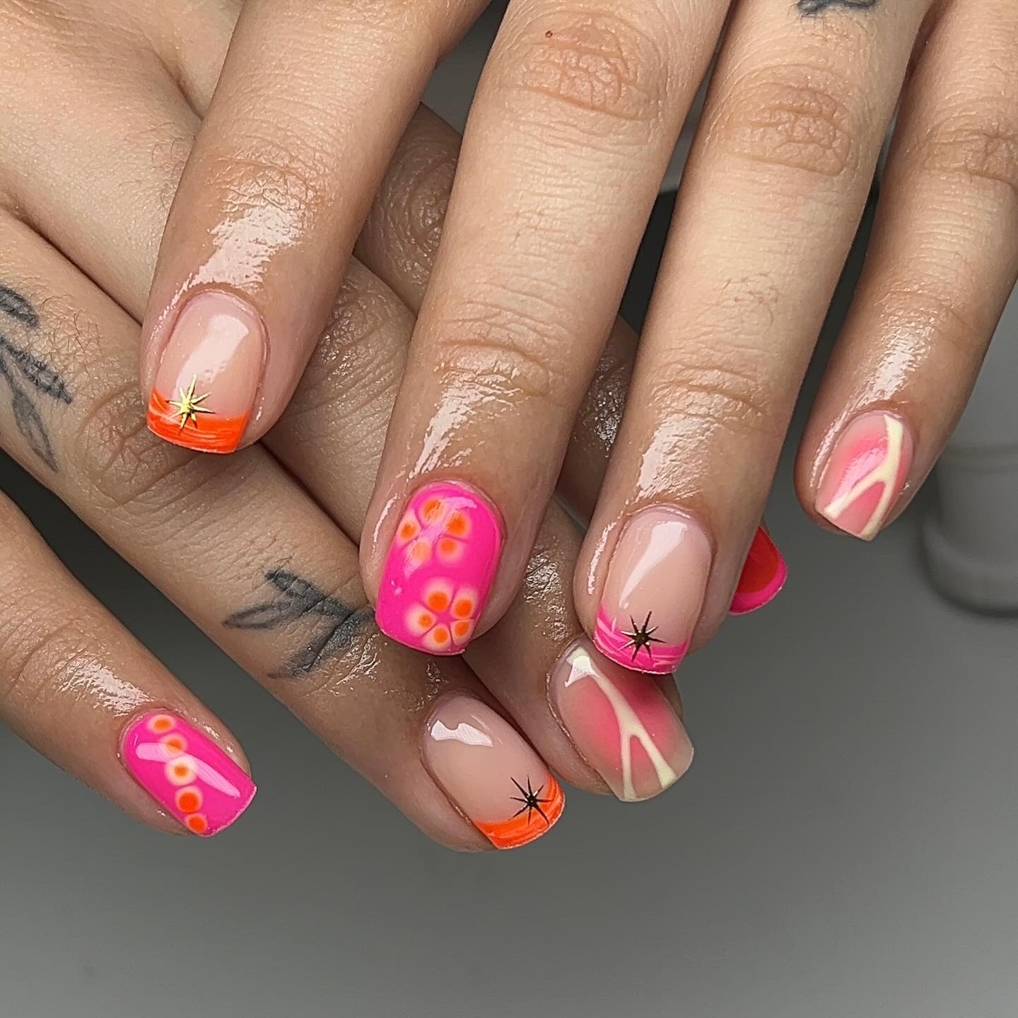 12. Neon Pink and Orange French Tip Floral Nails - mexico nail ideas