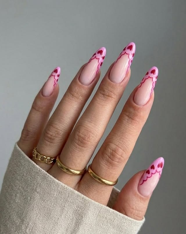14. Soft Pink Almond Nails with Wavy Heart Tips - mexico nail ideas