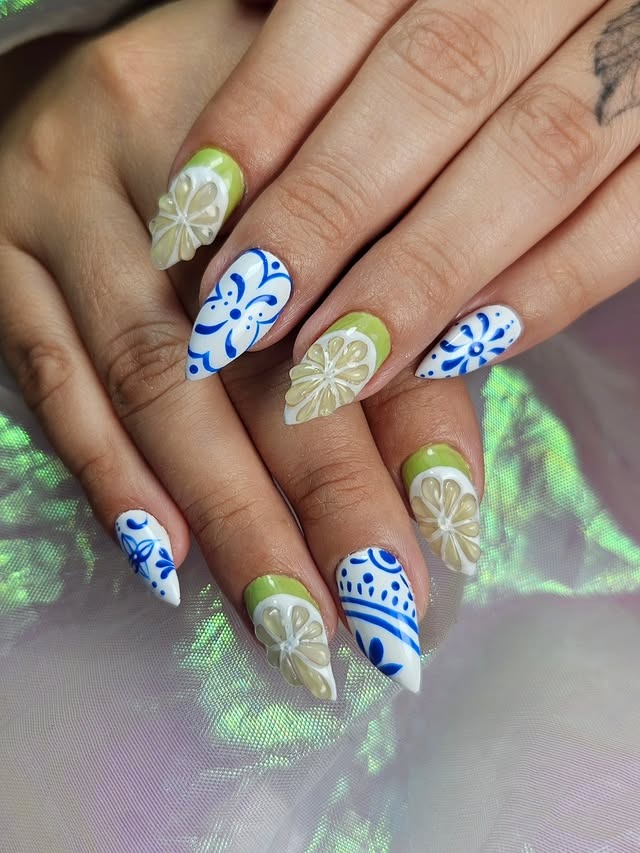 16. Blue and White Lemon Art Stiletto Nails - mexico nail ideas