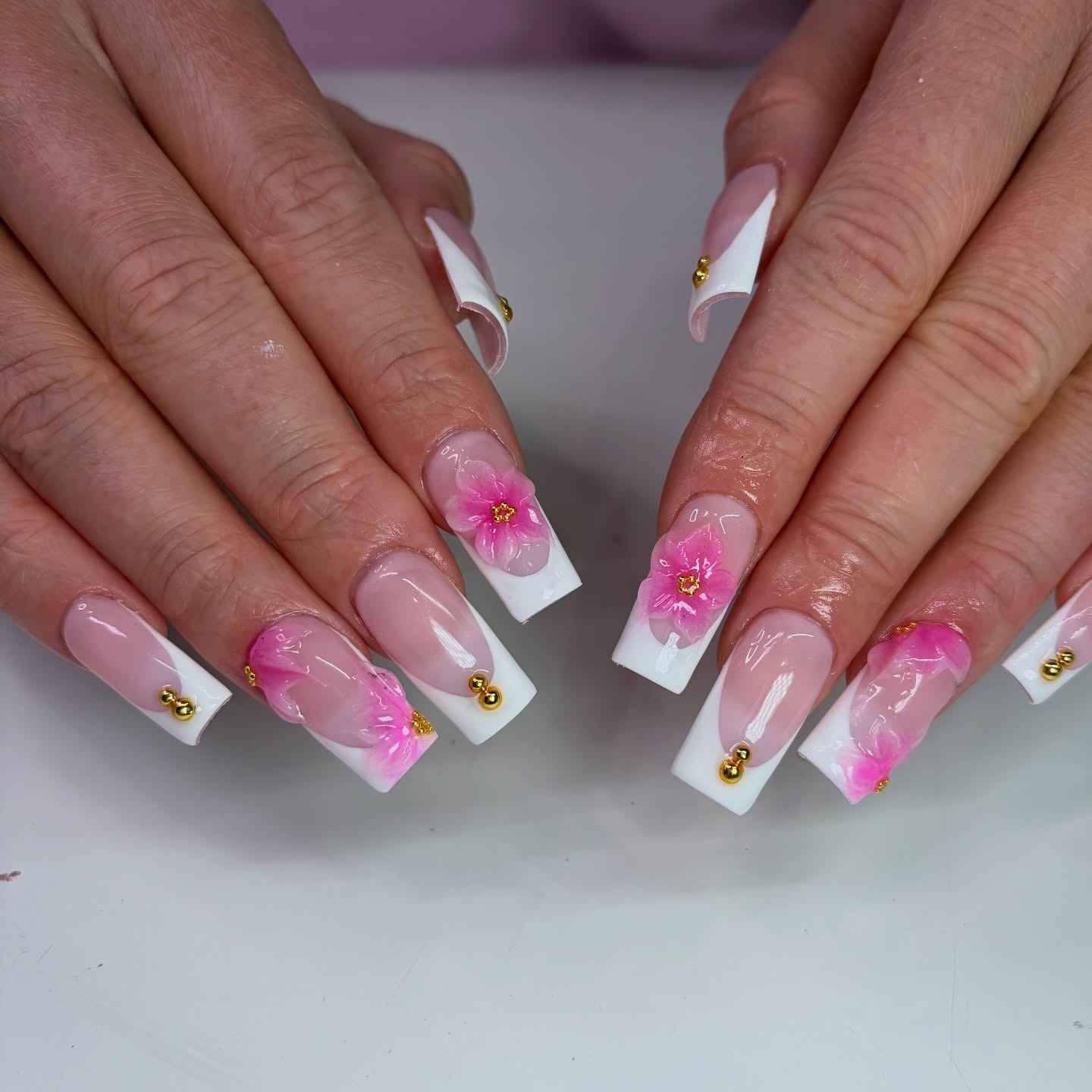 17. Pink Floral French Tip Square Nails with Gold Beads - mexico nail ideas