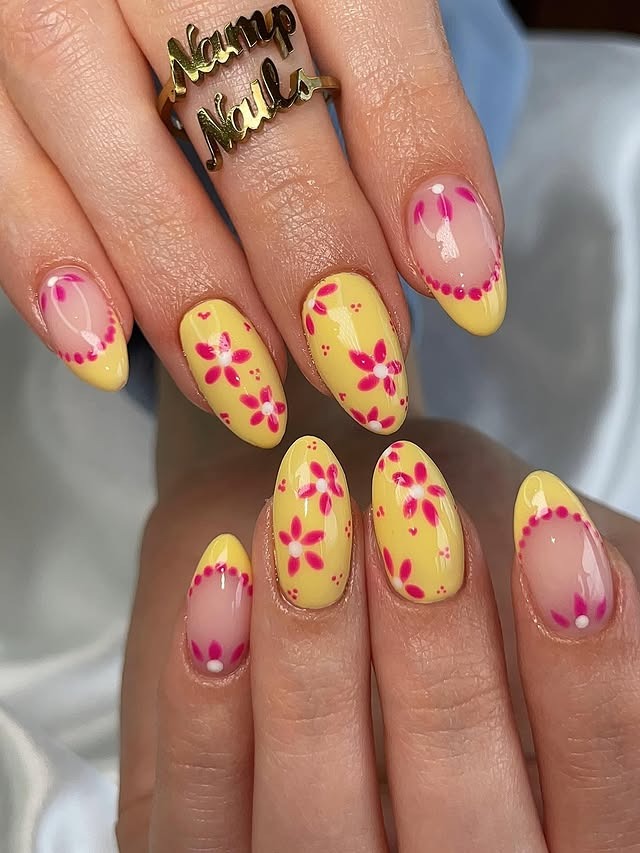 18. Yellow and Pink Floral Almond Nails - mexico nail ideas