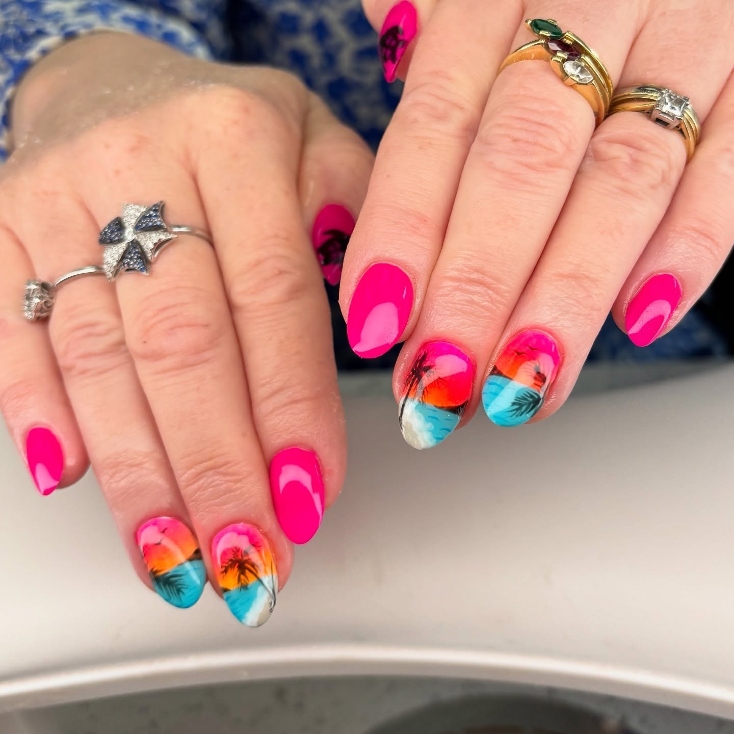 19. Tropical Sunset Palm Almond Nails with Neon Pink - mexico nail ideas
