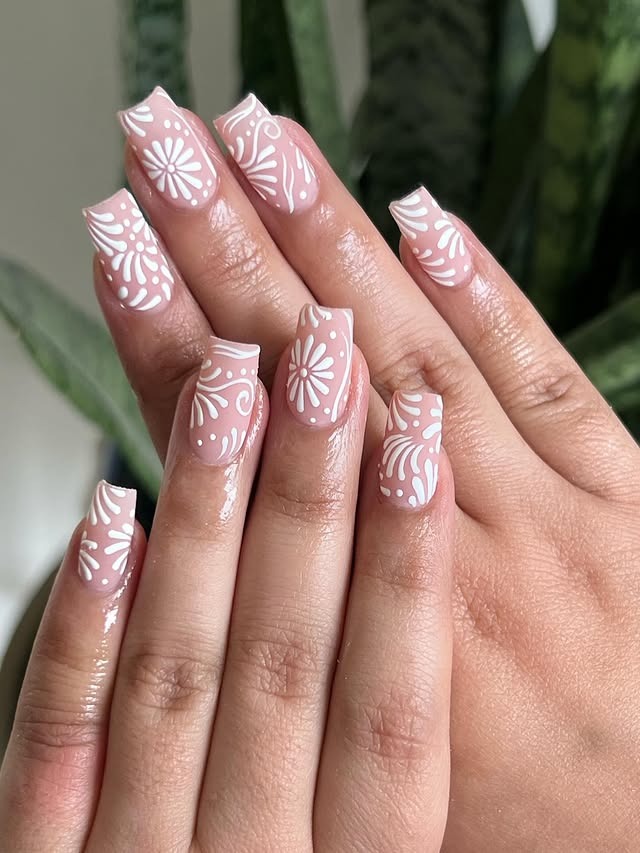 20. Nude Base Square Nails with White Folk Art Detailing - mexico nail ideas