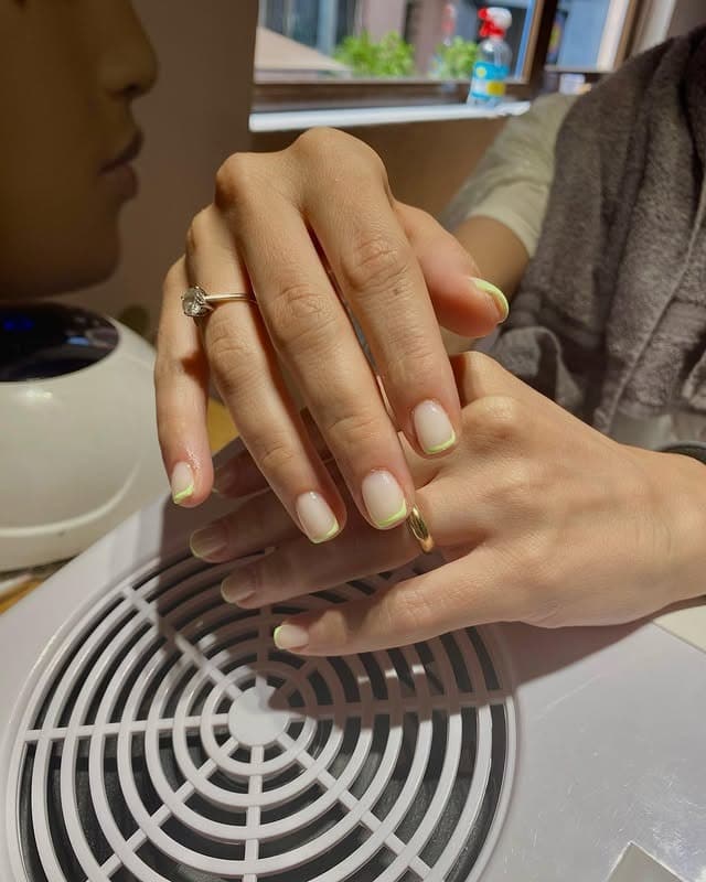 12. Minimal Nude Square Nails with Neon Lime French Tips - ice nail ideas