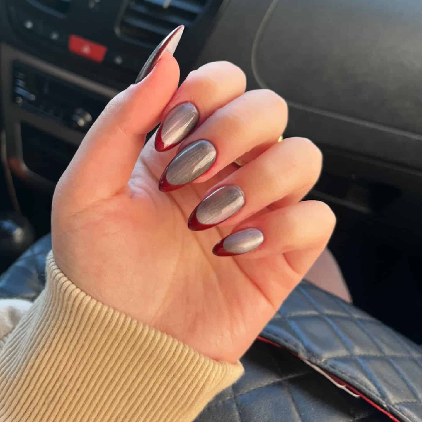 13. Metallic Ice Chrome Almond Nails with Deep Red Outline - ice nail ideas