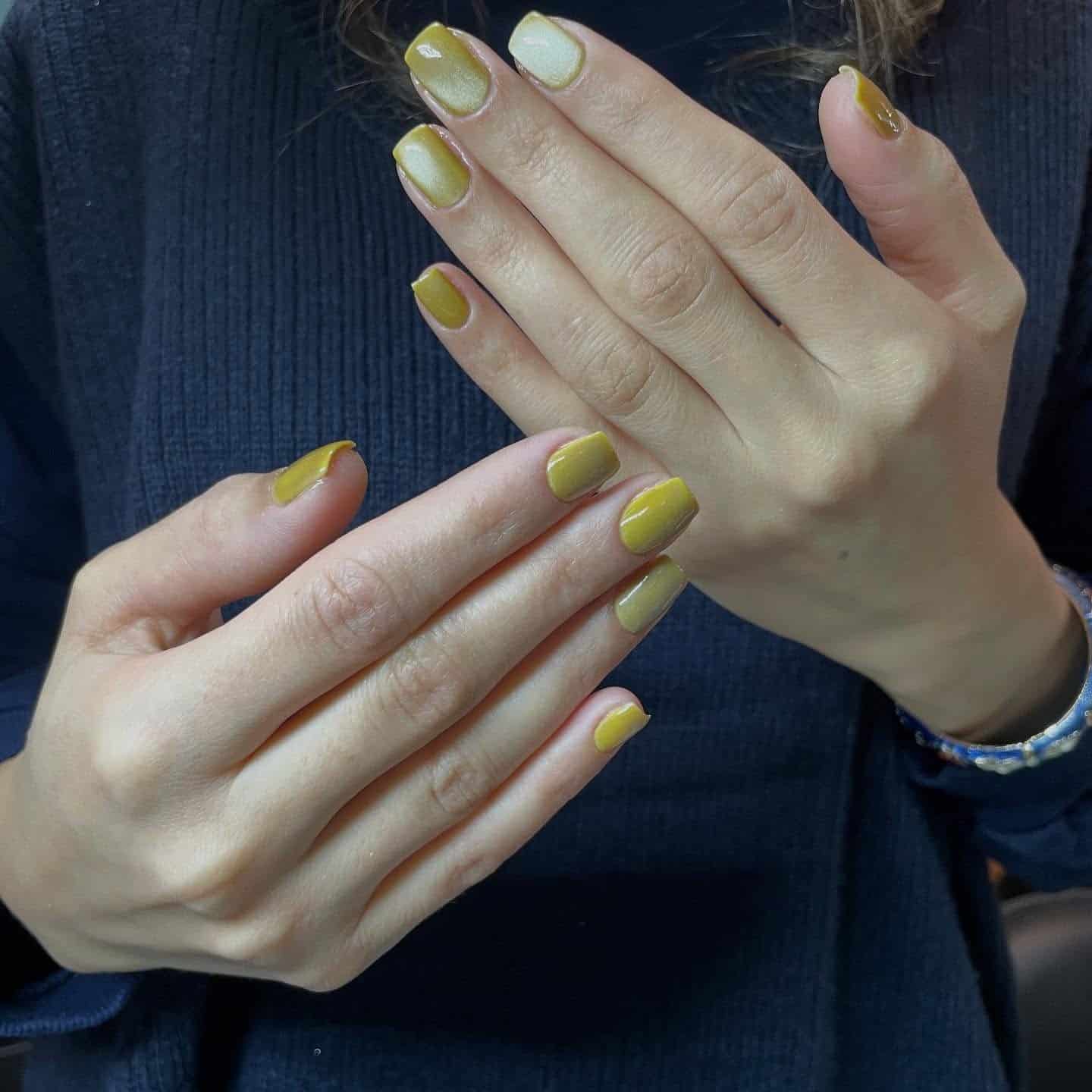 17. Olive Gold Shimmer Short Square Nails - ice nail ideas