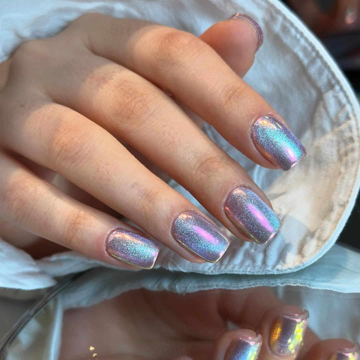 20. Iridescent Ice Chrome Short Square Nails - ice nail ideas