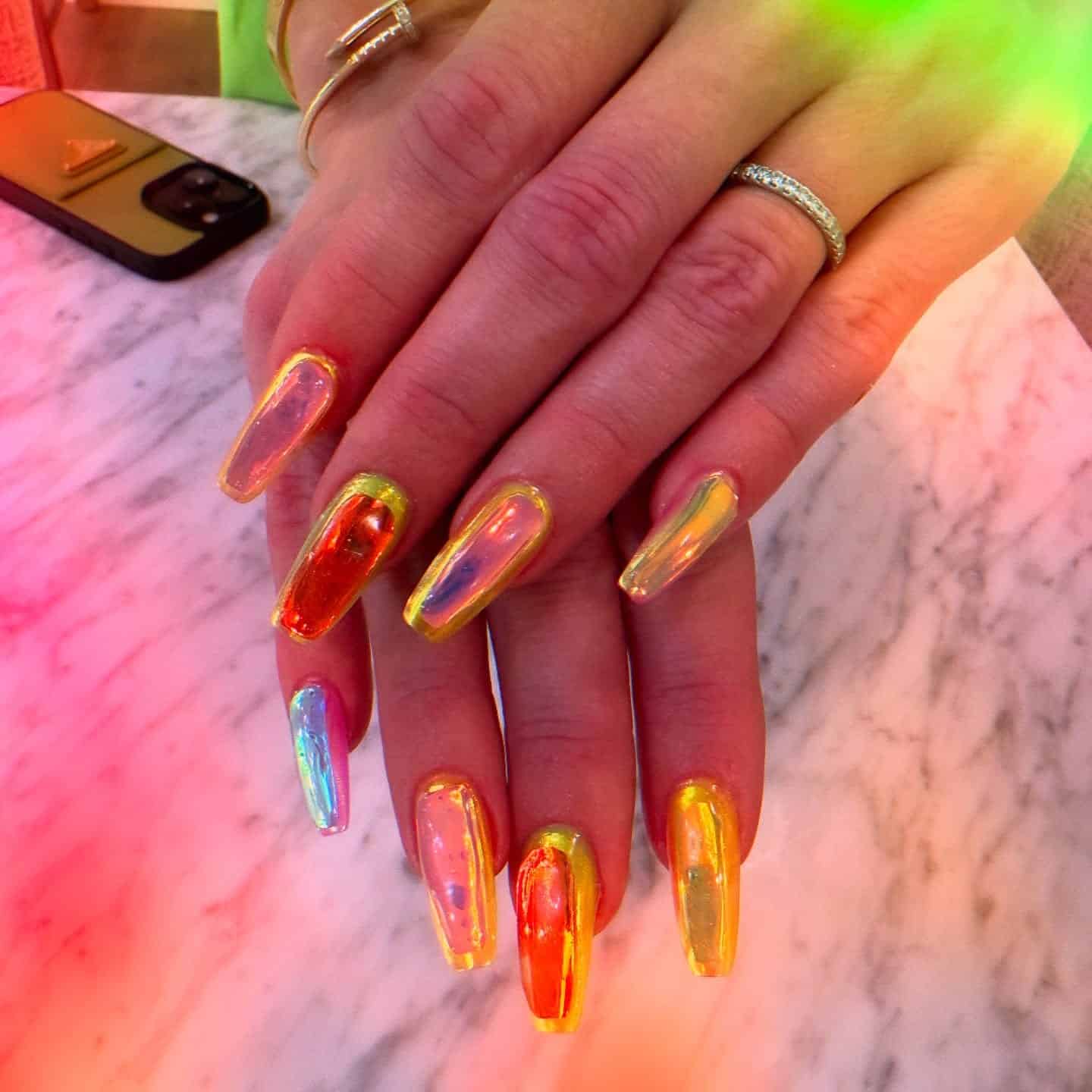 22. Multicolor Ice Chrome Coffin Nails - ice nail ideas