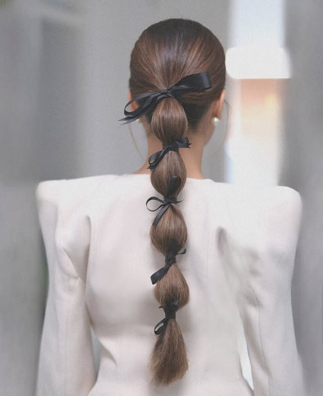 21. Soft Brunette Ribbon-Tied Bubble Ponytail - Bubble Ponytail