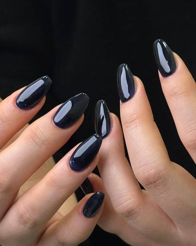 6. Classic Glossy Black Almond Nails - simple nail ideas