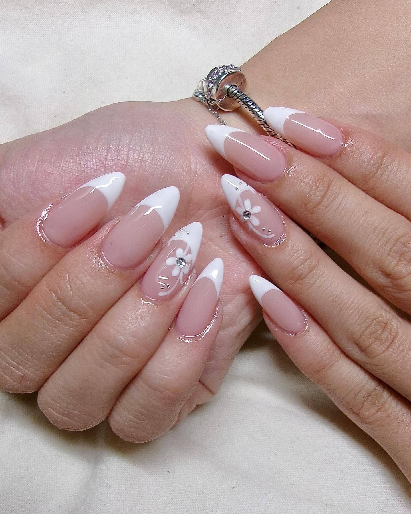 14. Classic Pink and White French Floral Almond Nails - simple nail ideas
