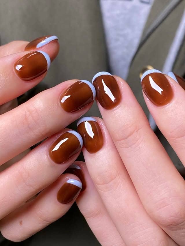 21. Chocolate Brown French Tip Short Nails with Baby Blue Edge - simple nail ideas