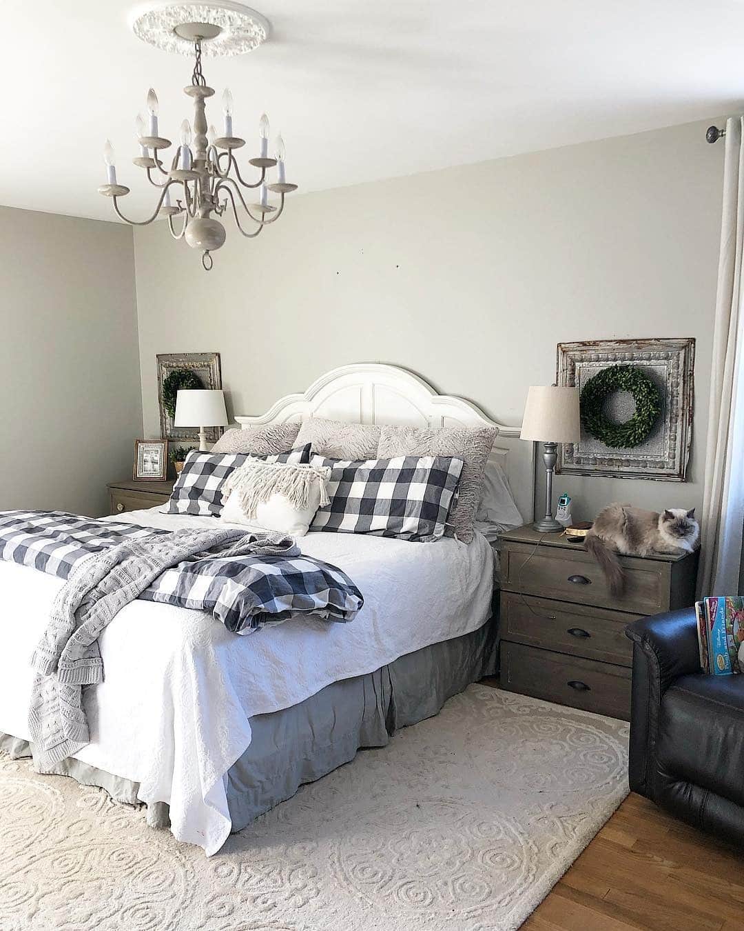 2. Farmhouse Gray with Checkered Textiles - gray bedroom ideas