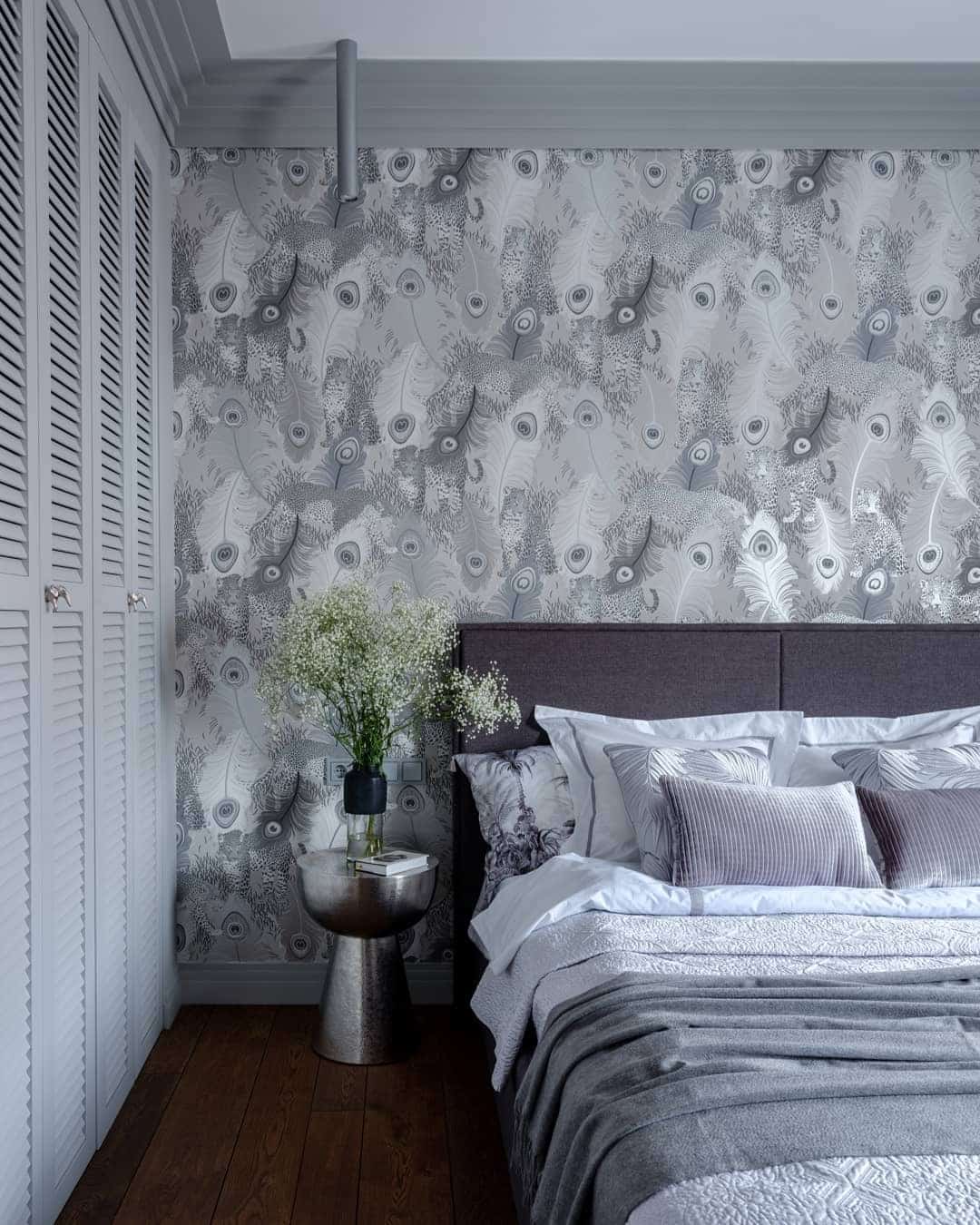 3. Statement Gray Wallpaper with Modern Layers - gray bedroom ideas