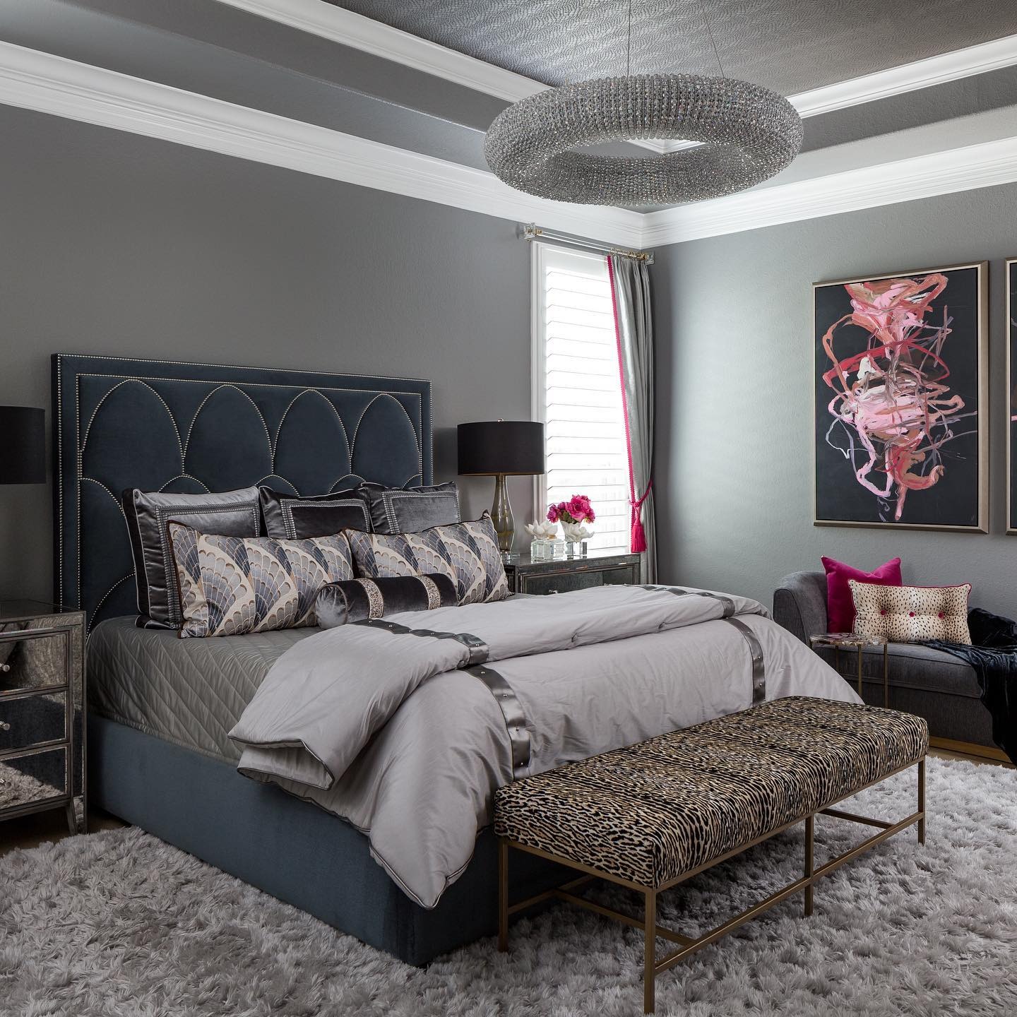 6. Glam Gray Bedroom with Jewel Accents - gray bedroom ideas