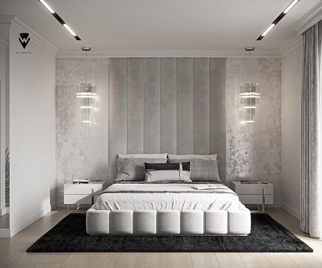 7. Sculptural Gray Panel Wall with Modern Lighting - gray bedroom ideas