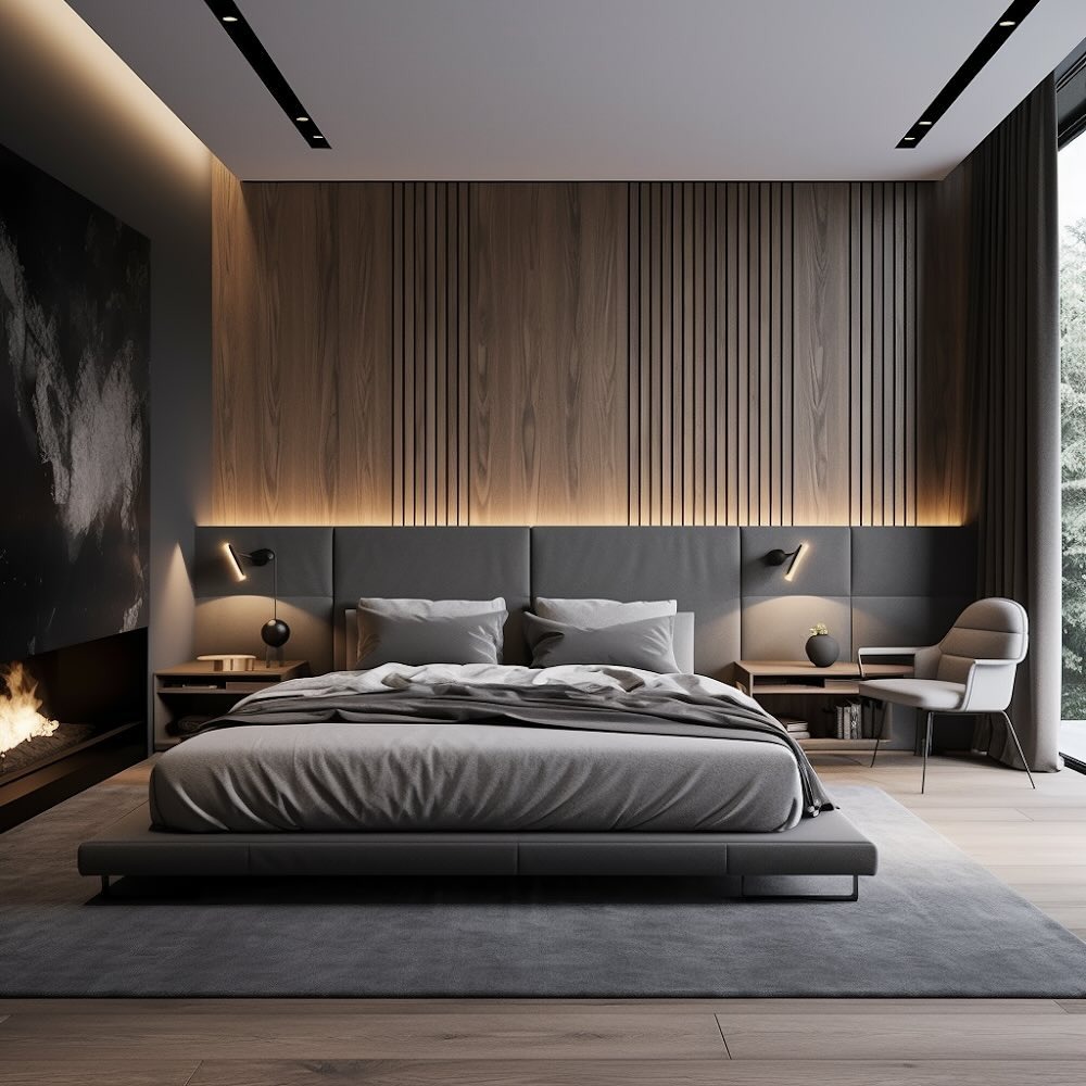 8. Dark Wood and Gray Contrast Bedroom - gray bedroom ideas