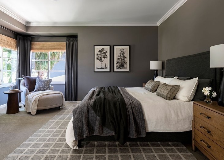 11. Deep Charcoal Gray Bedroom with Tailored Neutrals - gray bedroom ideas