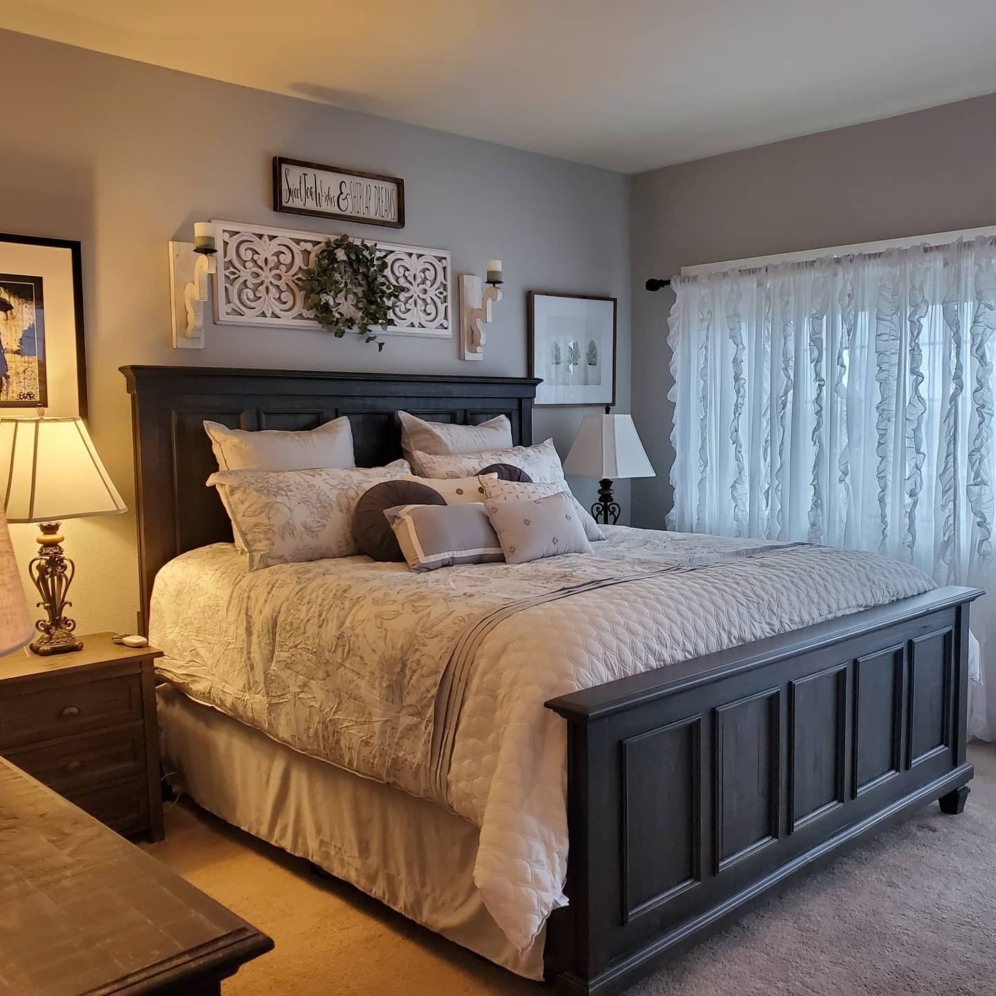12. Warm Gray Traditional Bedroom with Classic Wood Details - gray bedroom ideas