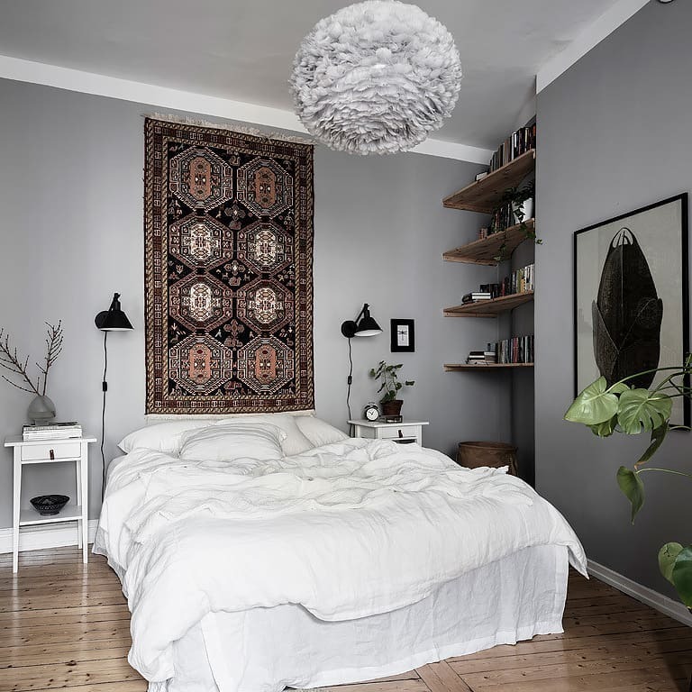 14. Light Gray Scandinavian Bedroom with Textural Contrast - gray bedroom ideas