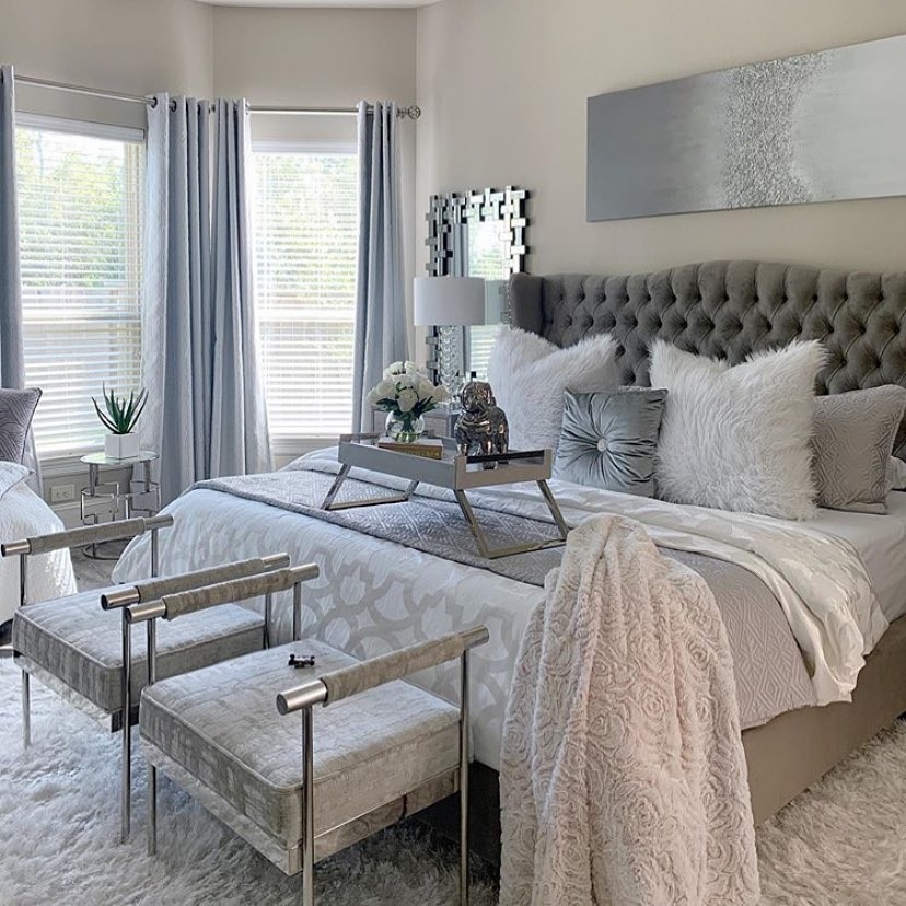15. Soft Gray Glam Bedroom with Plush Accents - gray bedroom ideas