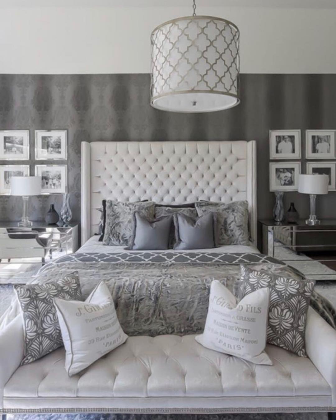 16. Classic Gray and White Bedroom with Patterned Wallpaper - gray bedroom ideas