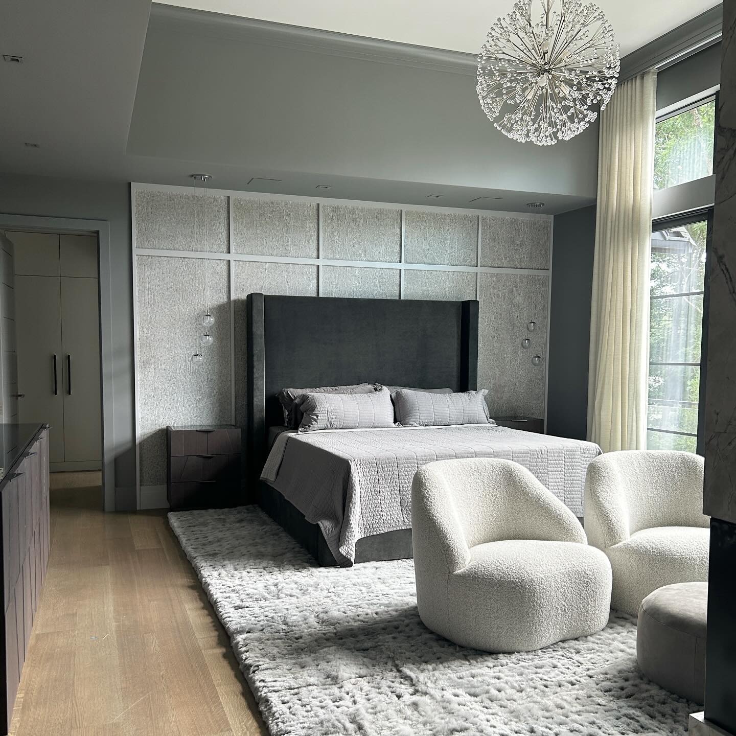 19. Layered Gray Luxury Bedroom with Statement Lighting - gray bedroom ideas
