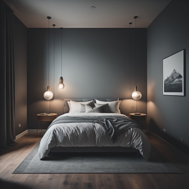 21. Moody Charcoal Gray Bedroom with Pendant Lighting - gray bedroom ideas