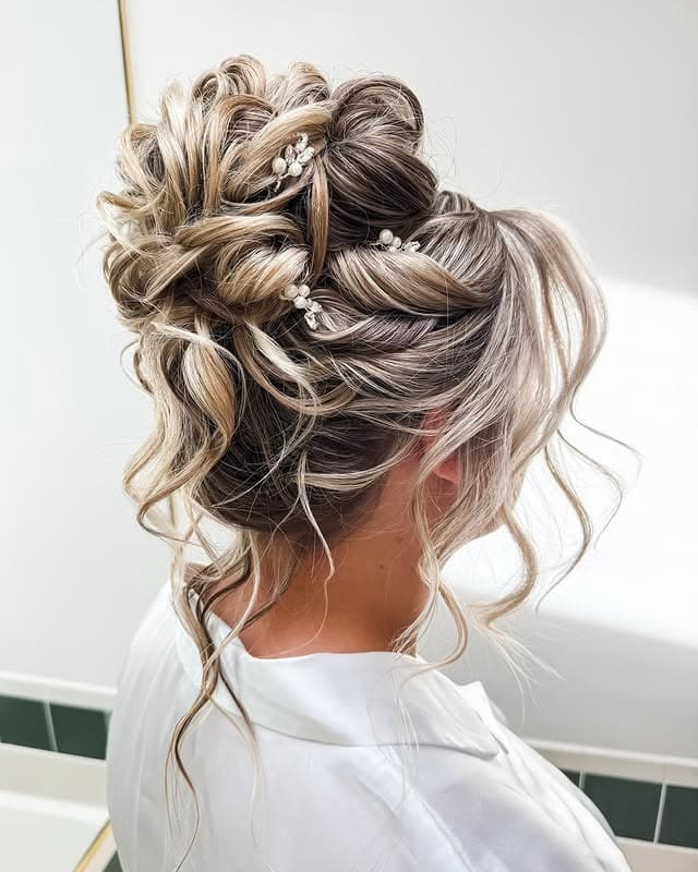 15. Multi-Tonal Blonde Textured Updo with Pins - Medium Length Hair Messy Updos