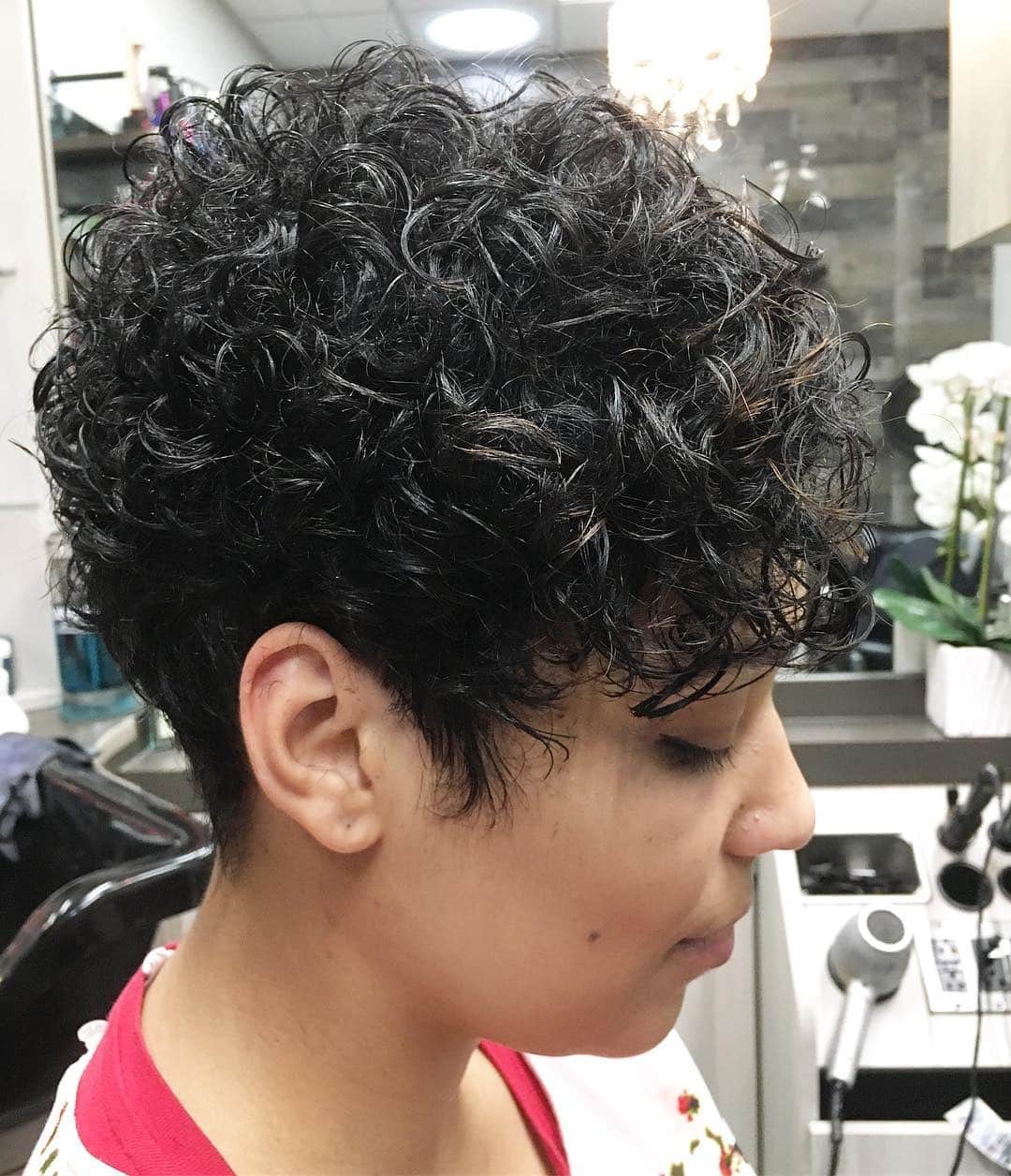 13. Jet Black Curly Pixie with Voluminous Crown - Curly Pixie Cut