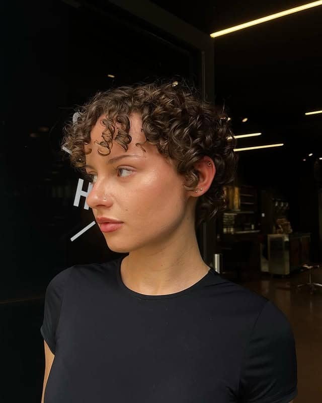 21. Soft Brunette Curly Pixie with Defined Ringlets - Curly Pixie Cut