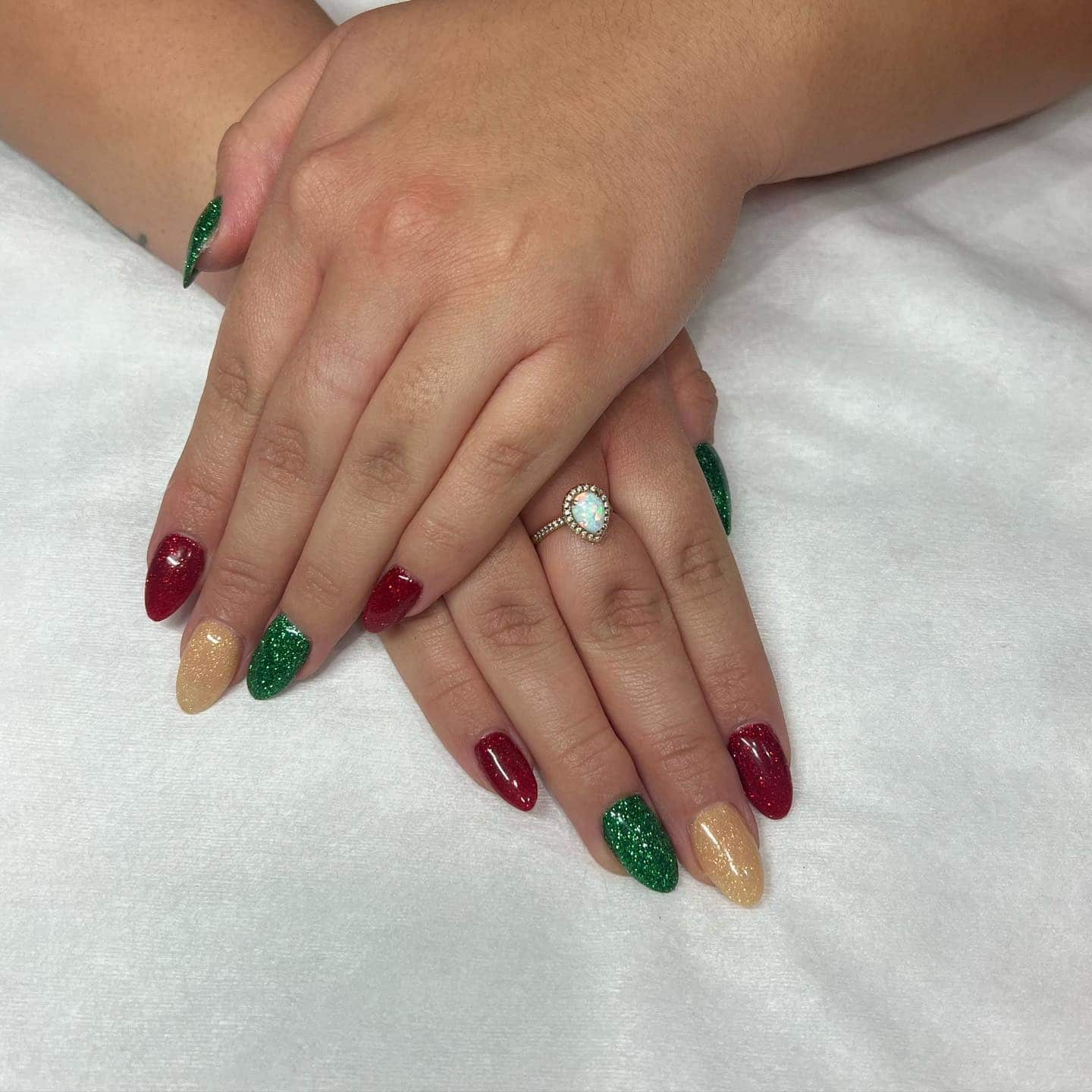 4. Red, Green, and Nude Festive Color Block Nails - christmas dip nail ideas