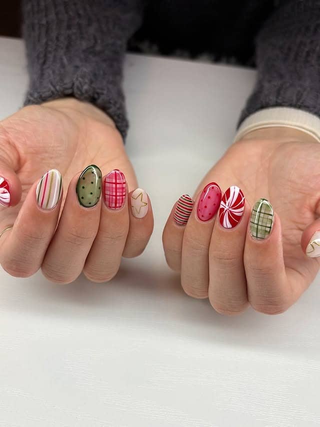 9. Mixed Pattern Holiday Nails with Stripes and Plaid - christmas dip nail ideas