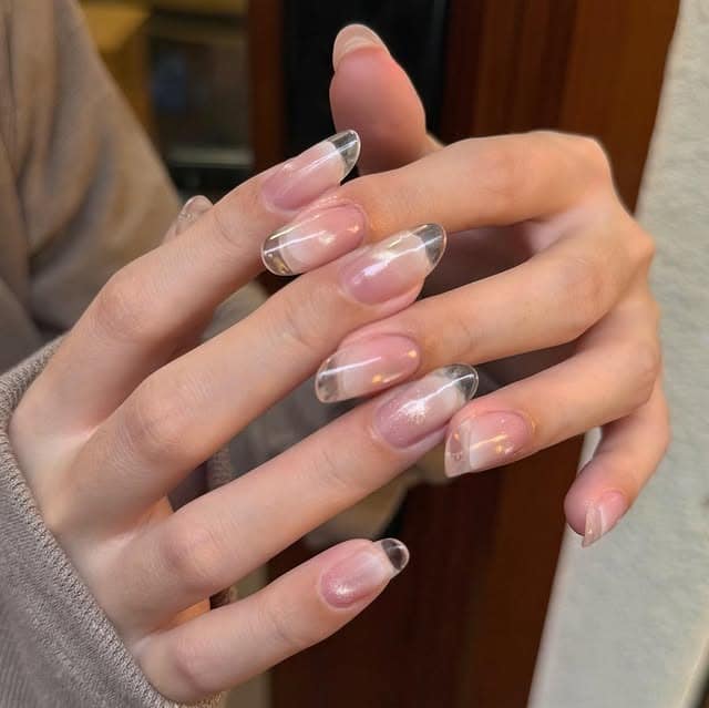 1. Glossy Nude Almond Nails with Glass Tips - cute nail ideas