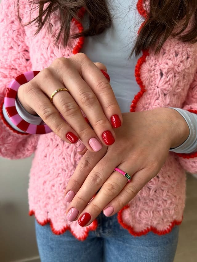 2. Classic Red and Blush Short Nails - cute nail ideas