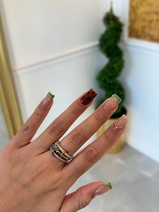 5. Mixed Texture Square Nails in Neutral and Green - cute nail ideas