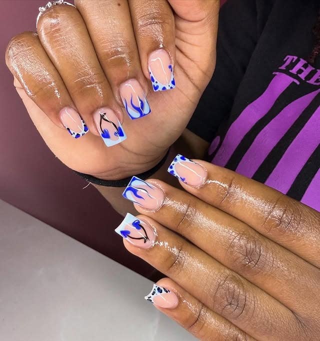 11. Blue Flame French Tip Square Nails - cute nail ideas