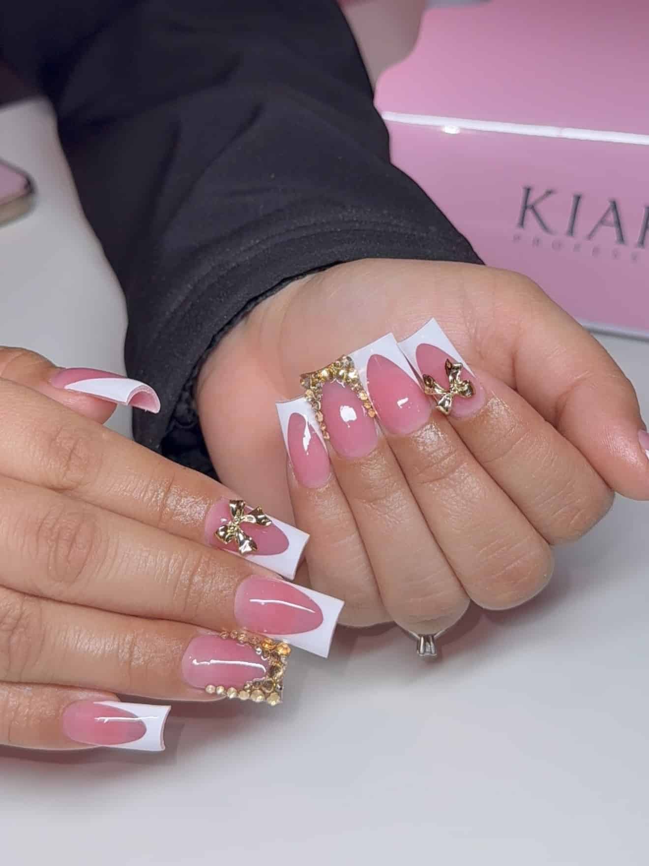 13. Glossy Pink Square Nails with Gold Charms - cute nail ideas