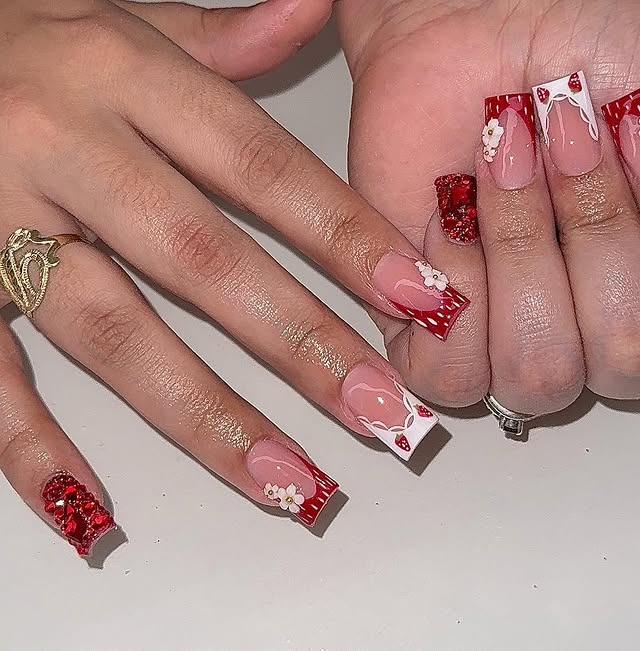 20. Red Glitter French Square Nails with Floral Details - cute nail ideas