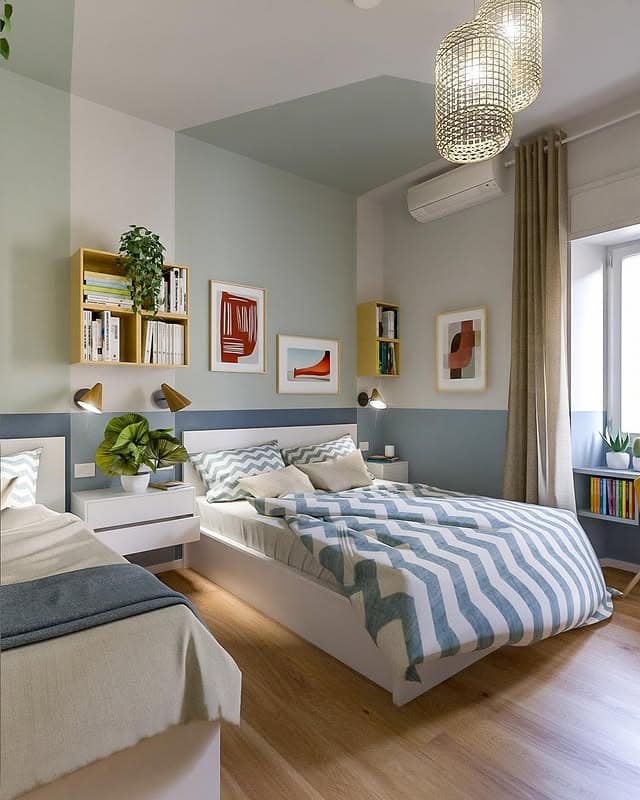 7. Twin Bed Layout with Muted Green and Blue Accents - tiny bedroom ideas