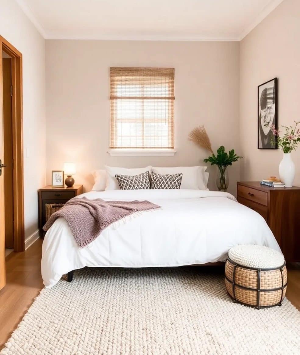 9. Clean Neutral Bedroom with Soft Pink and Beige Accents - tiny bedroom ideas
